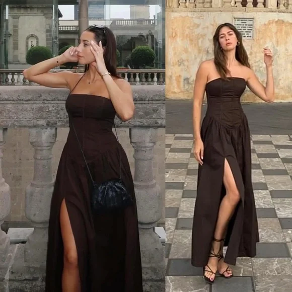 LPA Giana Strapless Boned Bodice Cotton Dress Chocolate Brown